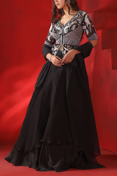 Black embroidered jacket lehenga set