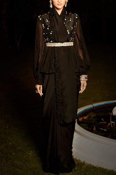 Black embroidered pre-draped sari