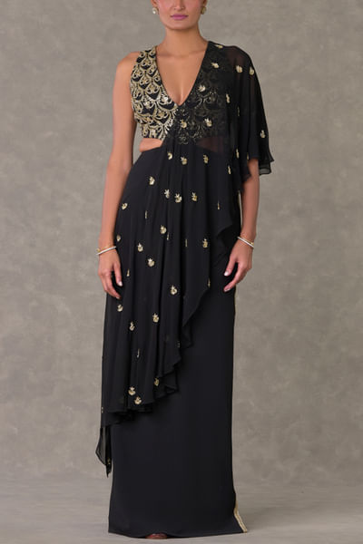 Black embroidered sari gown
