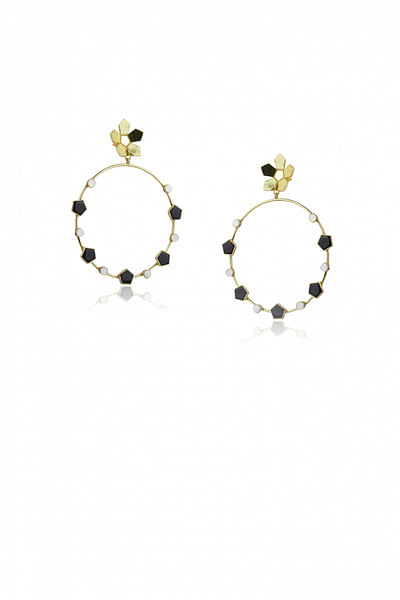 Black enamel and pearl hoop earrings