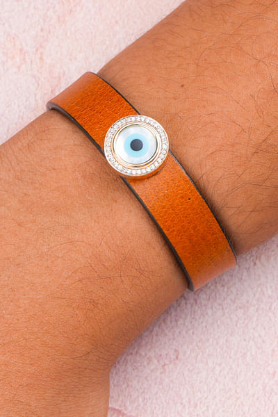 Black evil eye diamond leather bracelet
