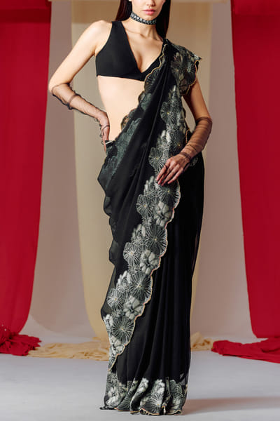 Ekaya Black floral banarasi kadhwa cutwork sari set EKYJAN24D119
