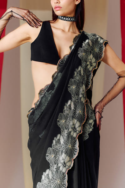 Ekaya Black floral banarasi kadhwa cutwork sari set EKYJAN24D119