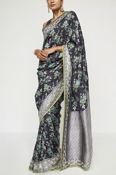 Black floral banarasi sari set