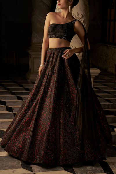 Black floral crystal embellished lehenga set