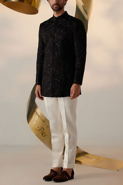 Black floral embroidery bandhgala set