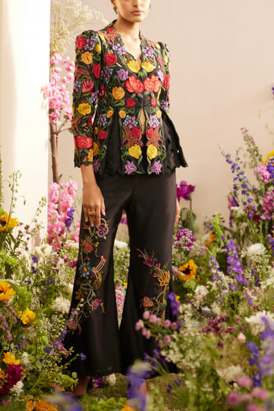 Chandrima Black floral embroidery bell bottom pants CHMFLRQ23014