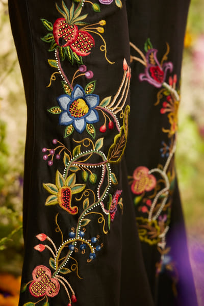 Chandrima Black floral embroidery bell bottom pants CHMFLRQ23014