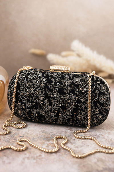 Black floral embroidery capsule clutch