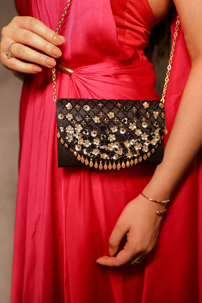Black floral embroidery clutch