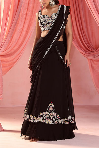 Black floral embroidery lehenga sari set
