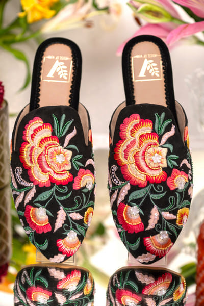 Black floral embroidery mules