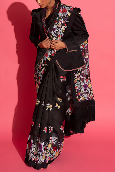 Black floral embroidery saree set