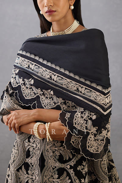 Black floral embroidery scarf