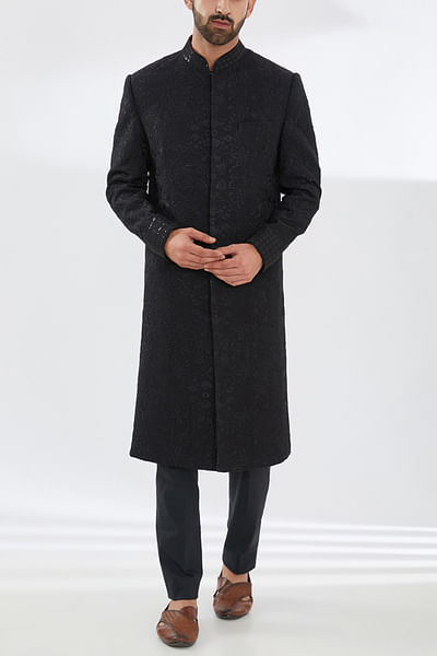 Black floral embroidery sherwani set
