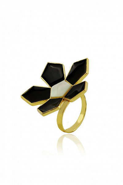 Black floral enamel and pearl ring