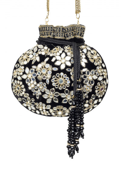 SG Collection Black floral mirror embroidery potli bag SGCAUG23D1016