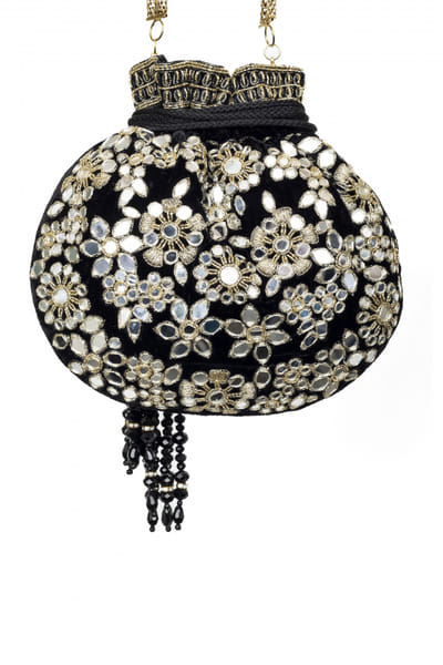 SG Collection Black floral mirror embroidery potli bag SGCAUG23D1016