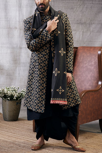 Black floral motif print jacket and kurta set