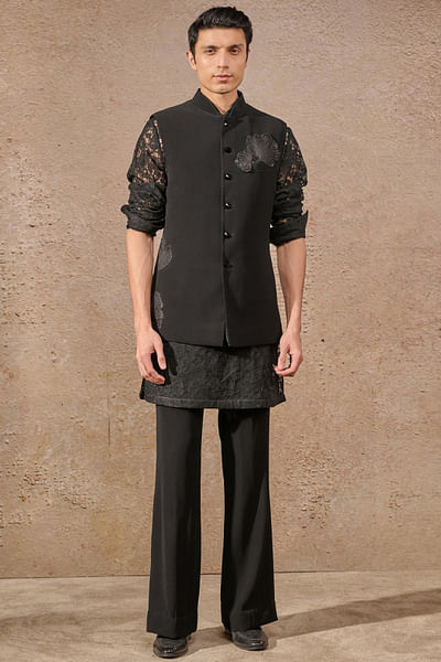 Black floral patchwork bandi and kurta set