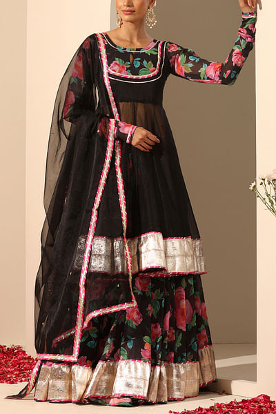 Black floral print anarkali and lehenga set