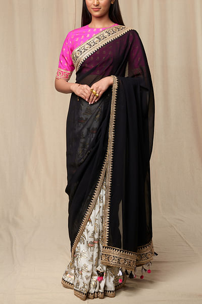 Black floral print half n half sari set