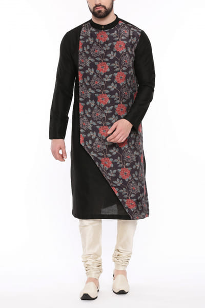 Black floral print kurta set