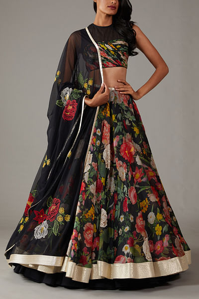 Black floral print lehenga set