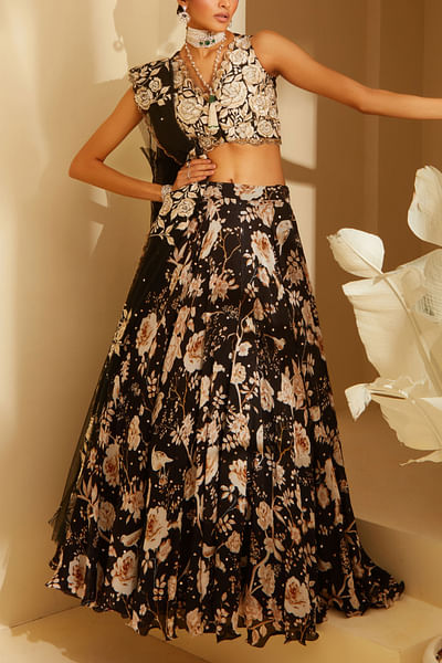 Black floral print lehenga set