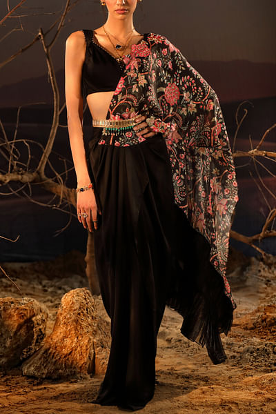Black floral print saree set