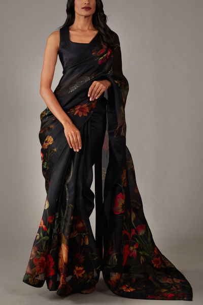 Black floral print saree set