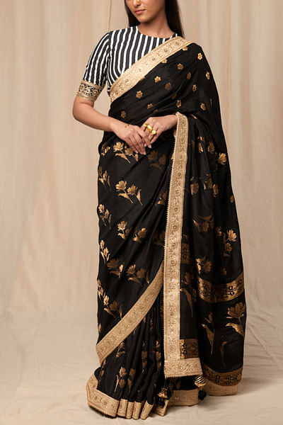 Black floral print sari set