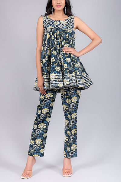Black floral print short anarkali set