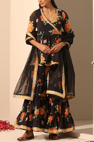 Black floral print tiered sharara set