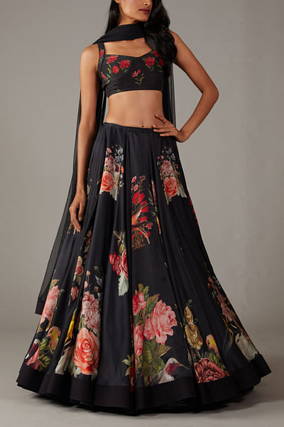 Black floral printed lehenga set