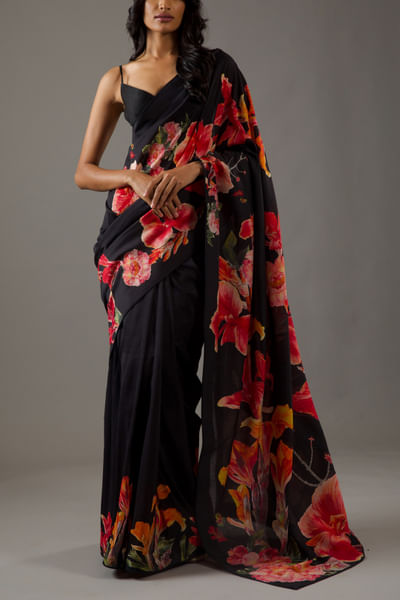 Black floral printed saree set