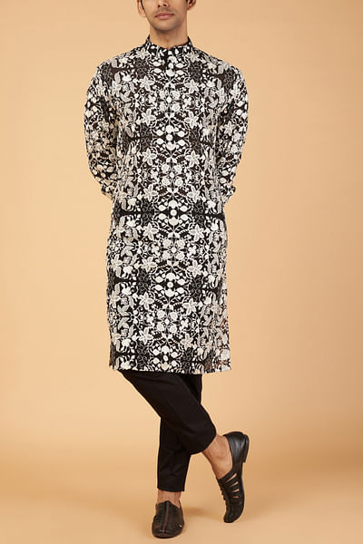 Black floral resham embroidered kurta set