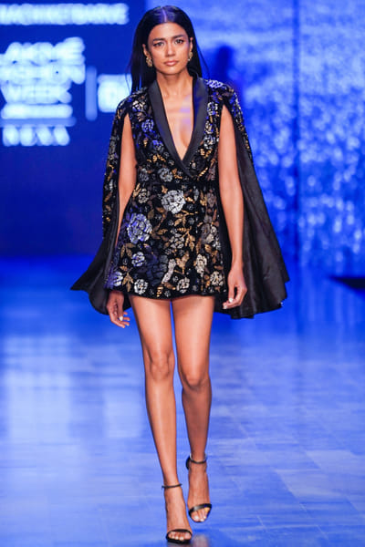 Nachiket Barve Black floral sequin embellished cape dress NABAPR2305