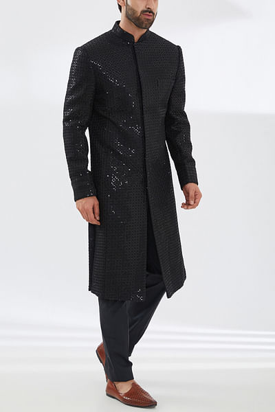 Black floral sequin embroidery sherwani set