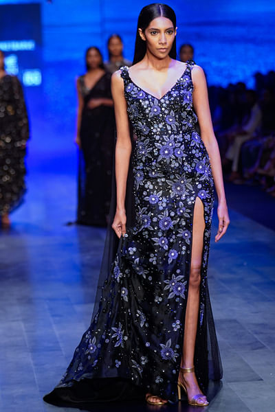 Black floral thread embroidered gown