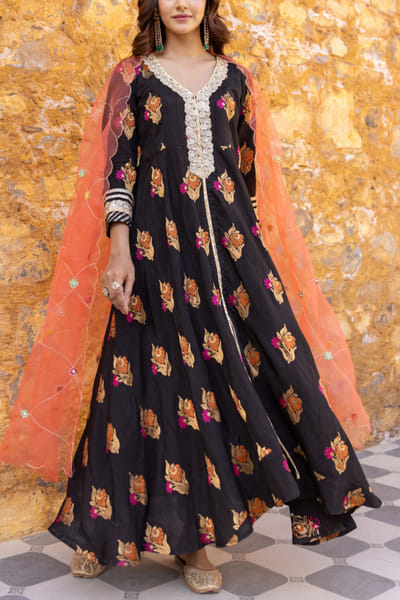 Black floral woven flared kurta set