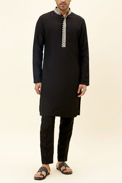 Black geometric embellished silk kurta set