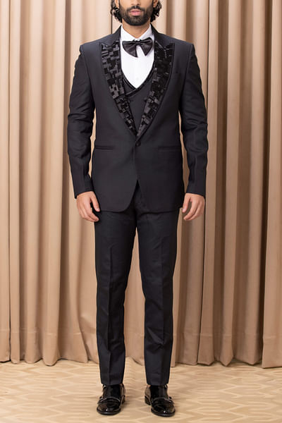 Black geometric embellished tuxedo set