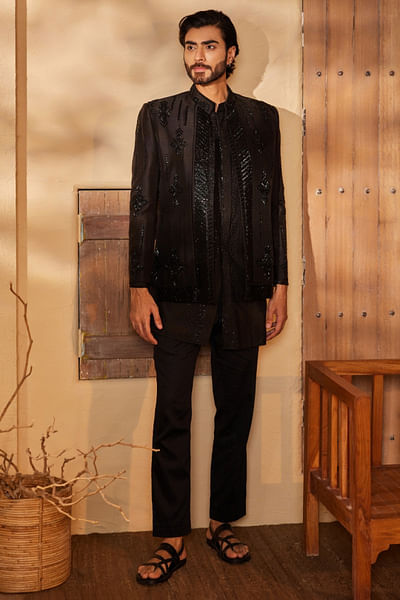 Black geometric embroidered jacket kurta set