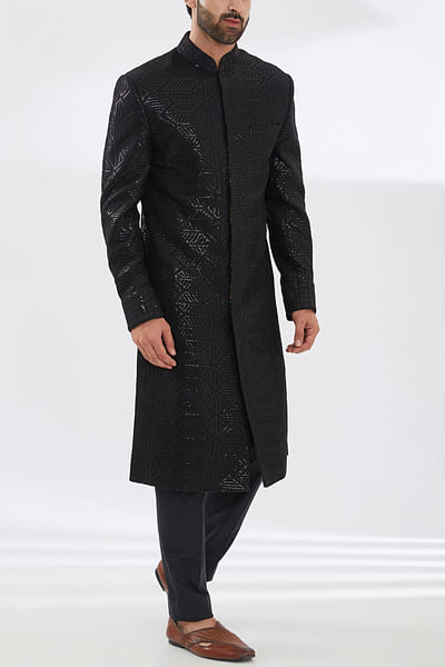 Black geometric embroidery sherwani set