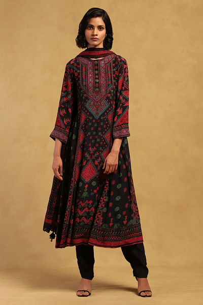 Black geometric print kurta set