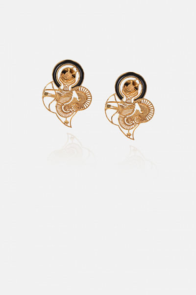 Black gold plated structural enamelled cuff earrings