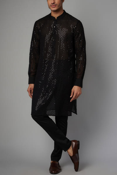 Black grid embroidery sequinned kurta set