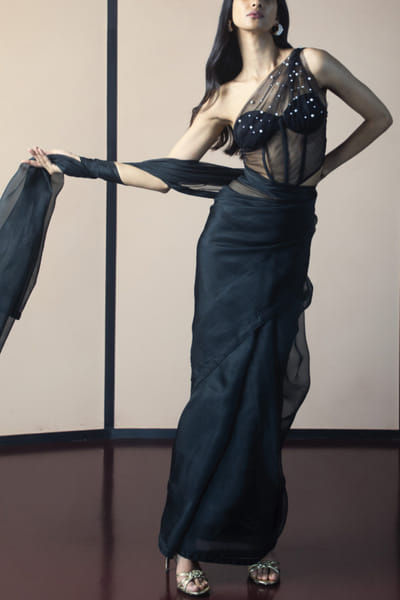 Ekaya Black handwoven organza saree set EKYJUL23D212