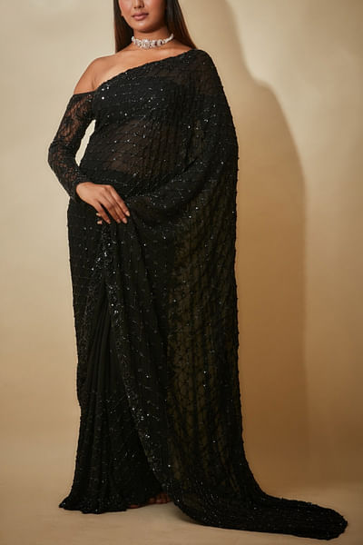 Black jaal embroidery sari set